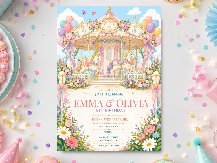 Enchanted carousel birthday invitation template shown in a pastel party mockup with balloons, confetti and whimsical floral details