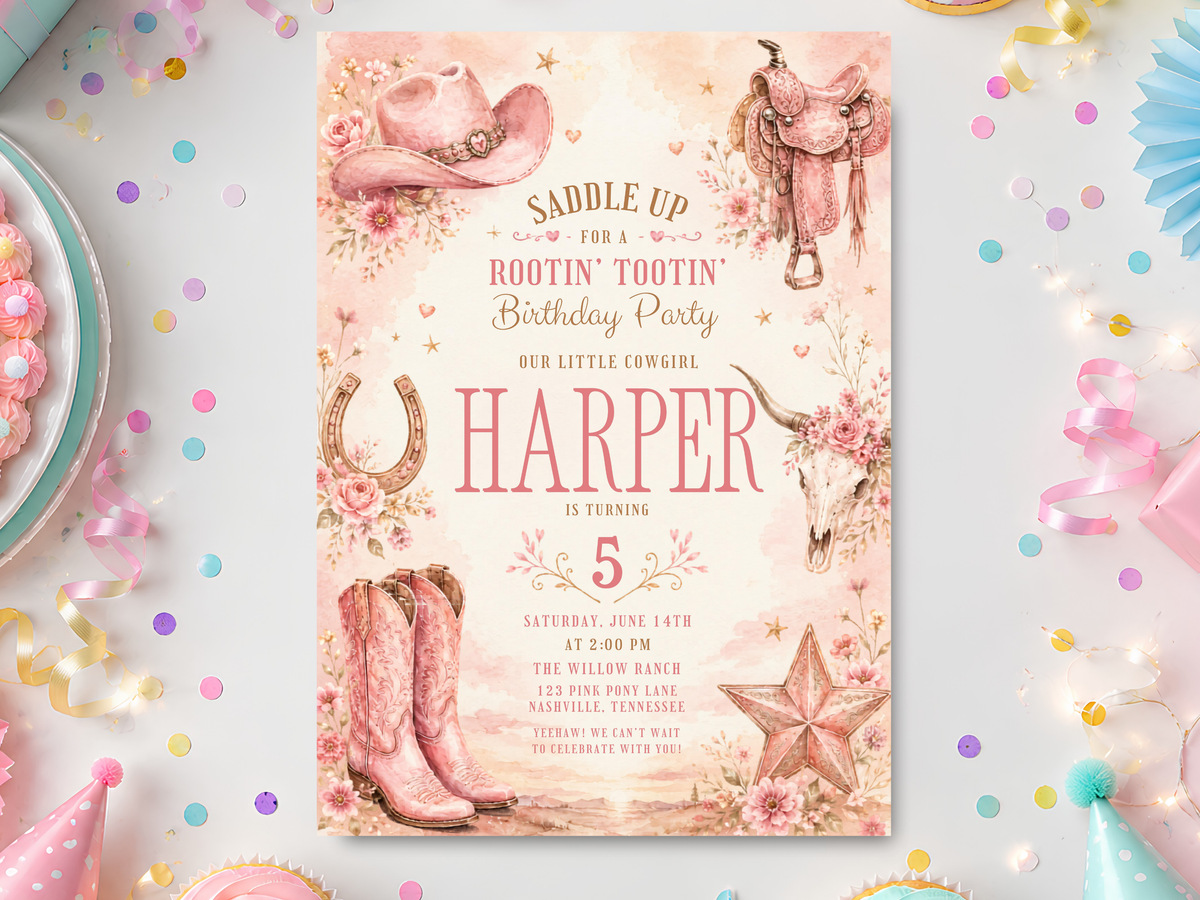Western cowgirl birthday invitation template featuring a pink cowgirl hat, watercolor florals, cowboy boots, horseshoe and western star