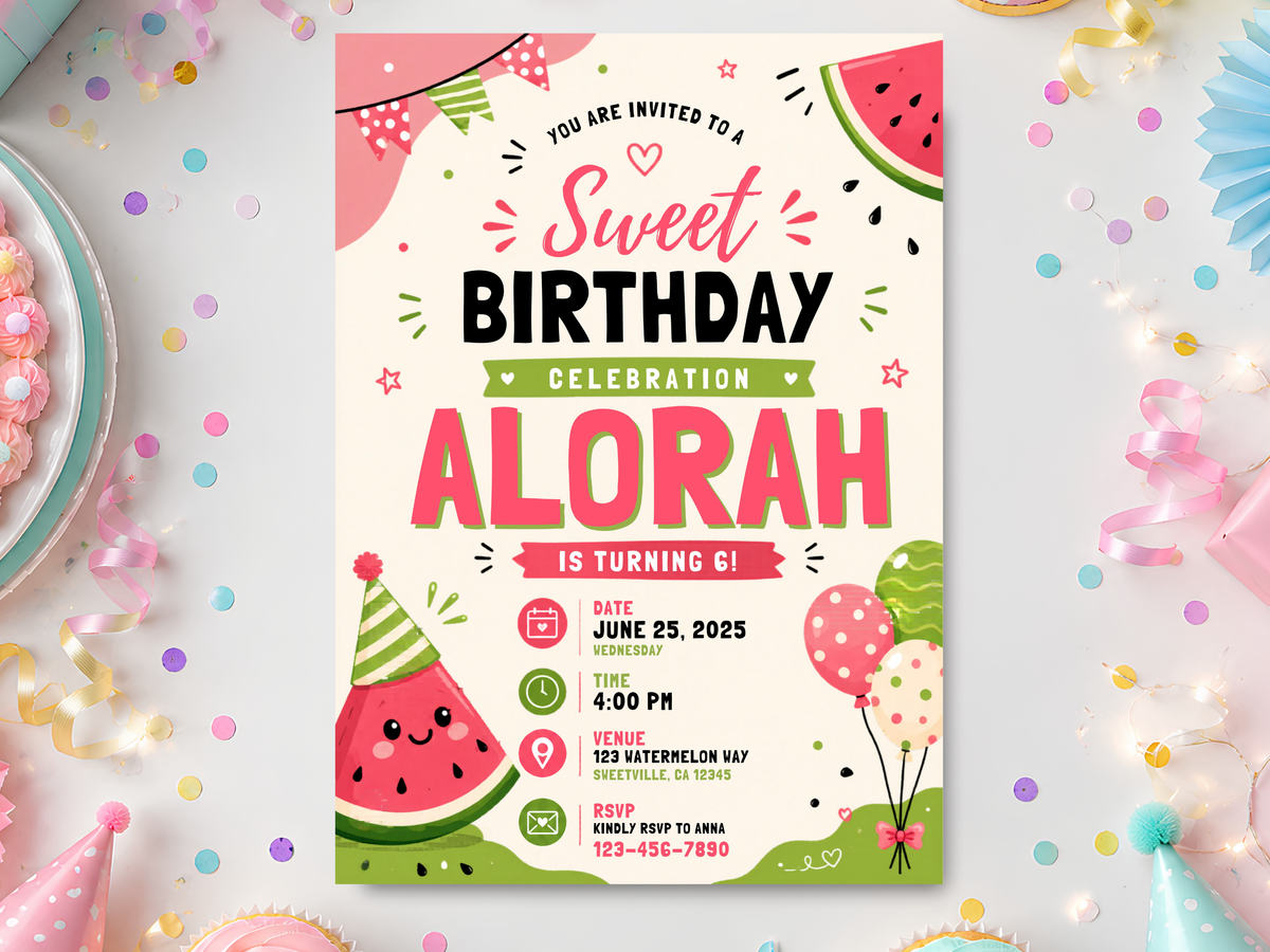 Watermelon birthday invitation template with red watermelon slices, green rind, balloons, party hats, confetti, and playful typography