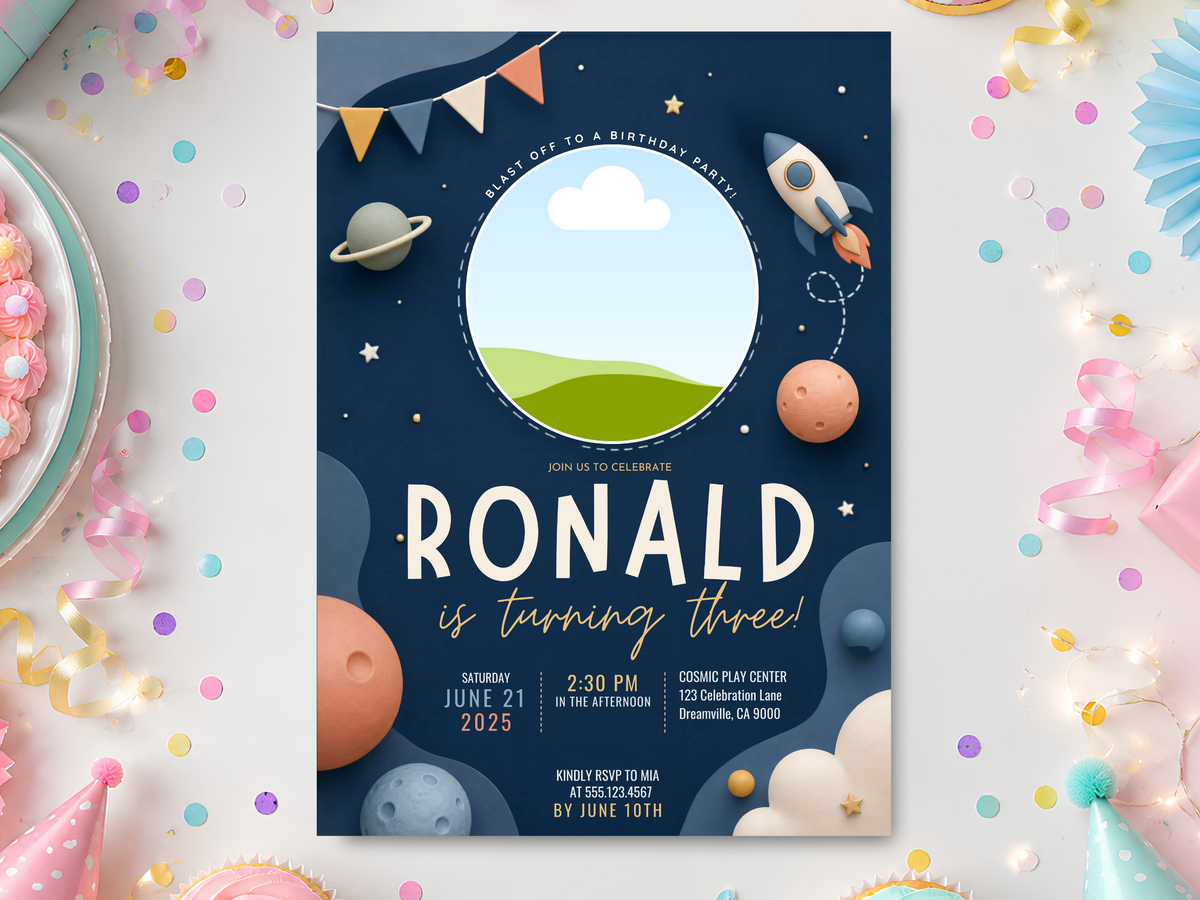 Space rocket birthday invitation template with a navy outer-space background, colorful planets, stars, a flying rocket, and a personalized name area.