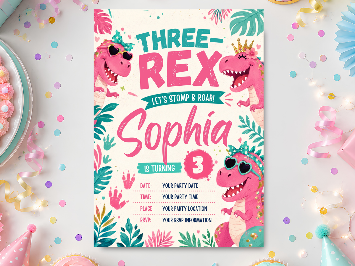 Three Rex dinosaur birthday invitation template with pink dinosaurs, teal leaves and colorful party details