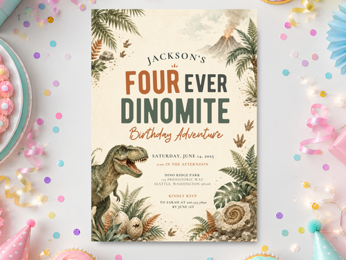 Dinosaur birthday invitation template with T. rex, tropical ferns, dinosaur eggs, fossils, rocks, and earthy green and terracotta watercolor artwork.