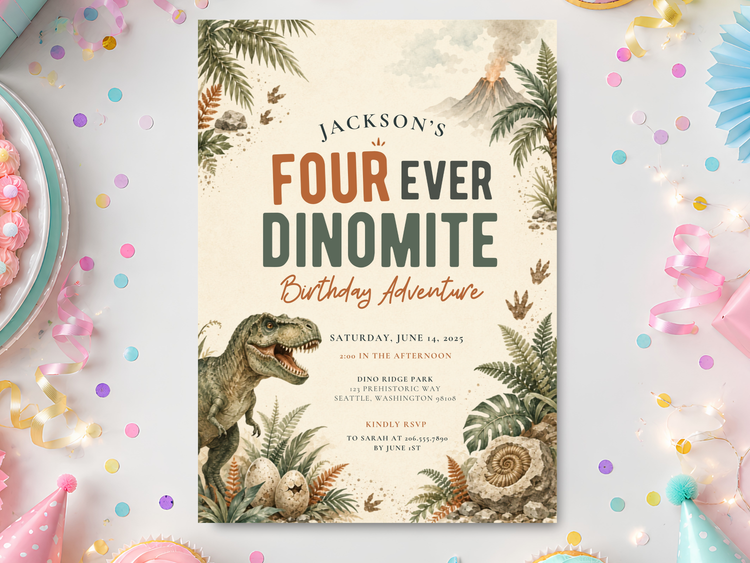 Dinosaur birthday invitation template with T. rex, tropical ferns, dinosaur eggs, fossils, rocks, and earthy green and terracotta watercolor artwork.