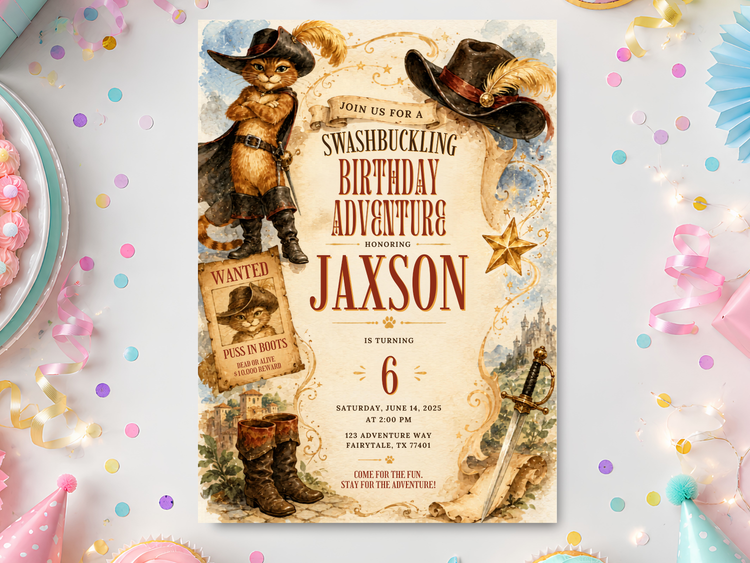 Pirate birthday invitation template in portrait format with vintage parchment treasure-map artwork, pirate cat characters, wanted poster, boots, sword, stars, and warm tan and brown tones.