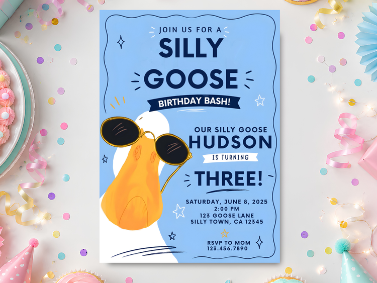 Silly Goose birthday invitation template showing the bright blue invitation design with an orange goose in oversized black sunglasses.