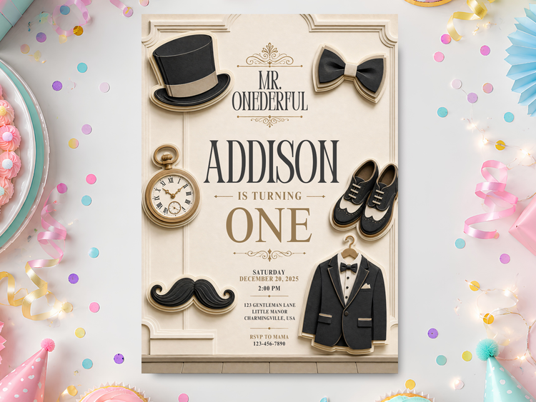 Vintage gentleman birthday invitation template in ivory, black and gold with top hat, bow tie, pocket watch, moustache and tuxedo motifs