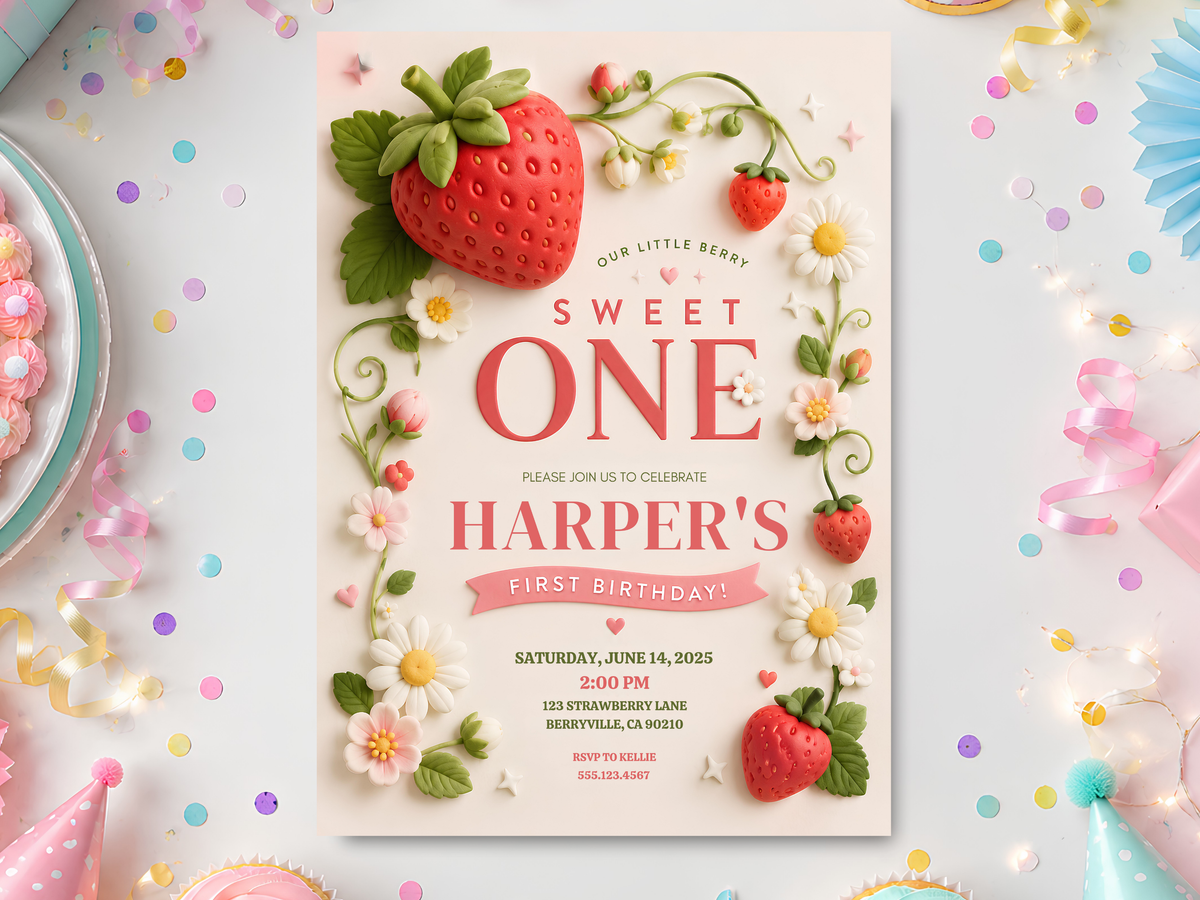 Strawberry birthday invitation template in a cheerful party setting, featuring a hand-painted red strawberry, green leaves, white daisies, pink flowers, soft cream background, and elegant birthday typography.