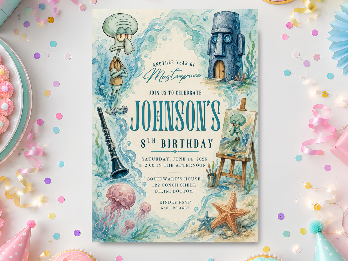 SpongeBob birthday invitation template with watercolor ocean artwork, Squidward, jellyfish, seashells and starfish