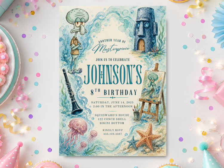 SpongeBob birthday invitation template with watercolor ocean artwork, Squidward, jellyfish, seashells and starfish