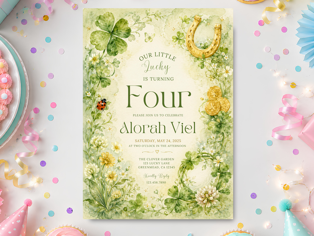 Lucky clover birthday invitation template, sage green watercolor portrait design with four-leaf clovers, gold horseshoe, daisies and foliage.