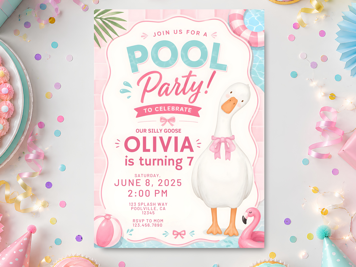 Tropical pool party birthday invitation featuring a playful white goose, pink flamingo, pastel pool floats, tropical leaves, confetti, and pink, aqua, yellow and white accents.