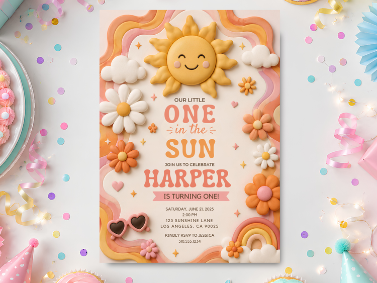 Sunshine birthday invitation template shown as a full party invitation mockup with a smiling yellow sun, pastel rainbow arches, clouds, daisies, hearts and stars.