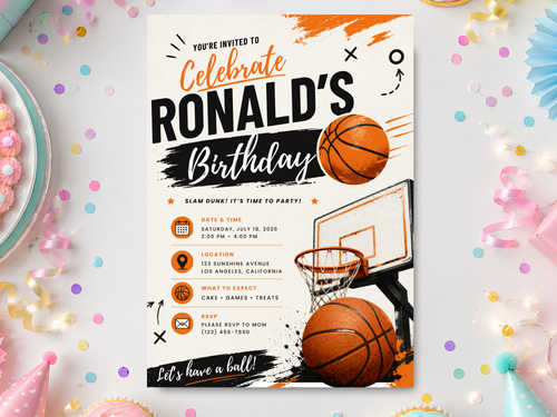 Basketball birthday invitation template with an orange basketball, hoop, bold black typography, white brush accents, and warm neutral background.