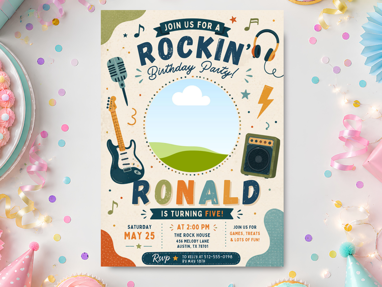 Rockin' birthday invitation mockup featuring a retro music theme with microphone, electric guitar, headphones, amplifier and colorful party accents.