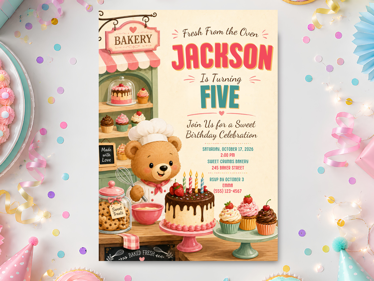 Teddy bear baby shower invitation mockup with a vintage hot air balloon, teddy bear, watercolor florals, greenery, and soft neutral party details.