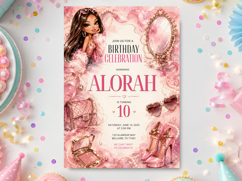 Bratz birthday invitation template with pink watercolor artwork and glamorous fashion doll styling