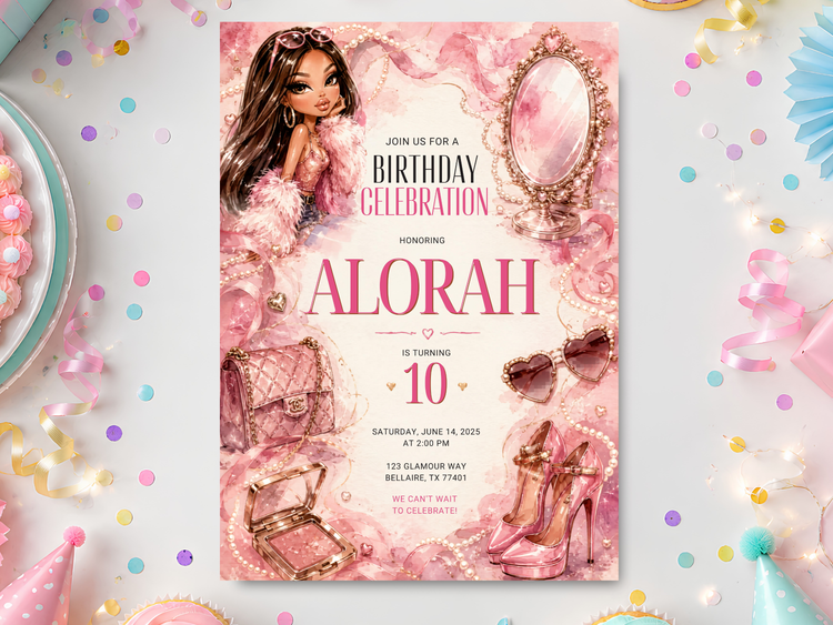 Bratz birthday invitation template with pink watercolor artwork and glamorous fashion doll styling