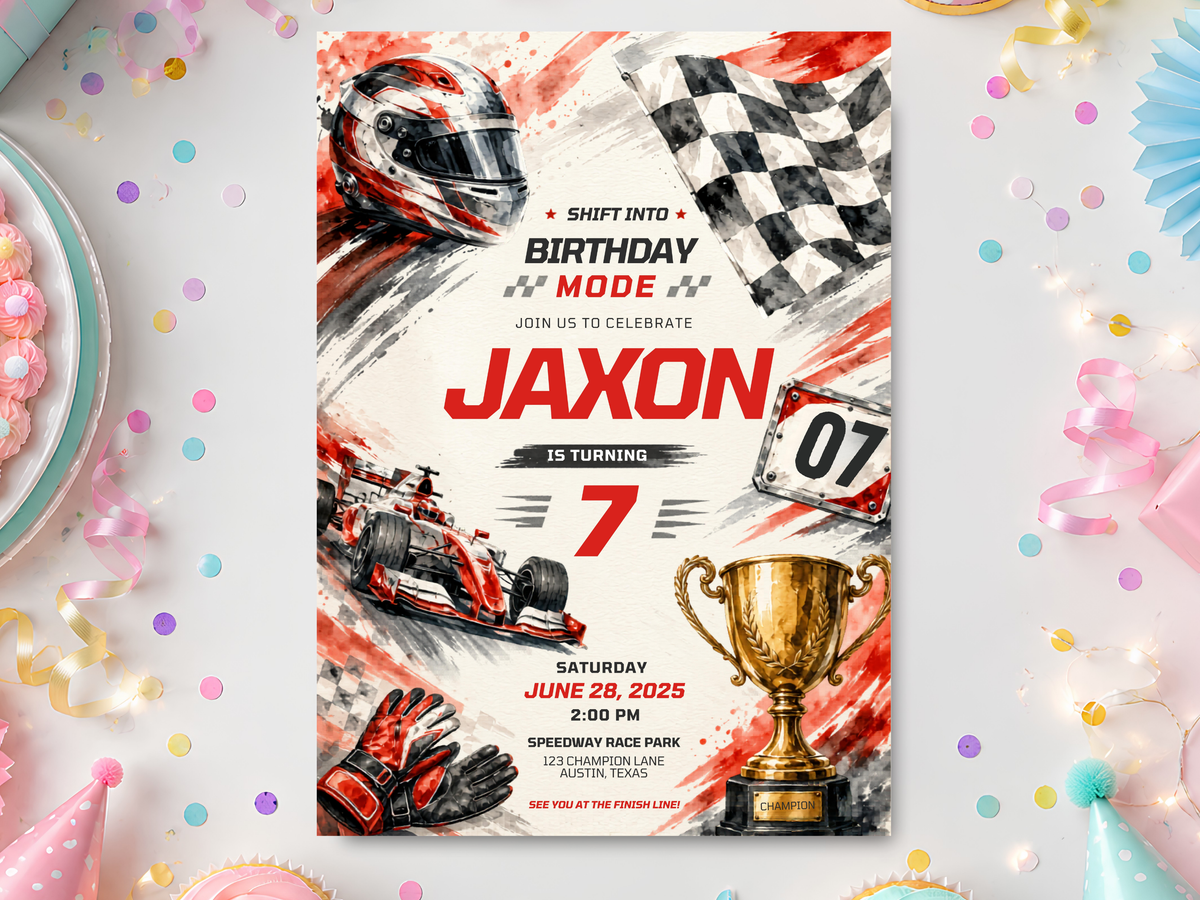 Race car birthday invitation template in portrait format with red race car, checkered flag, racing helmet and gold trophy