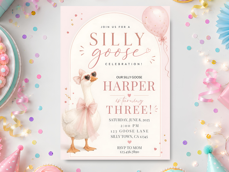 Silly Goose birthday invitation template in a festive pastel party scene, featuring a white goose with a pink bow, blush arched invitation, balloons, confetti, ribbons, party hats and cupcakes.