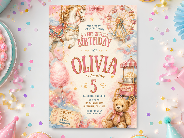 Carnival birthday invitation template in vintage watercolor style with carousel horse, Ferris wheel, teddy bear, popcorn cart, cotton candy, florals, bunting, and blush pink and gold accents