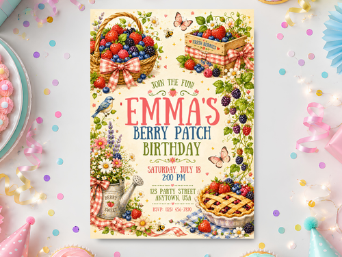 Berry Patch birthday invitation template in portrait format, featuring watercolor strawberries, blueberries, raspberries, blackberries, flowers, butterflies, berry baskets, gingham bows, and a rustic picnic garden design.