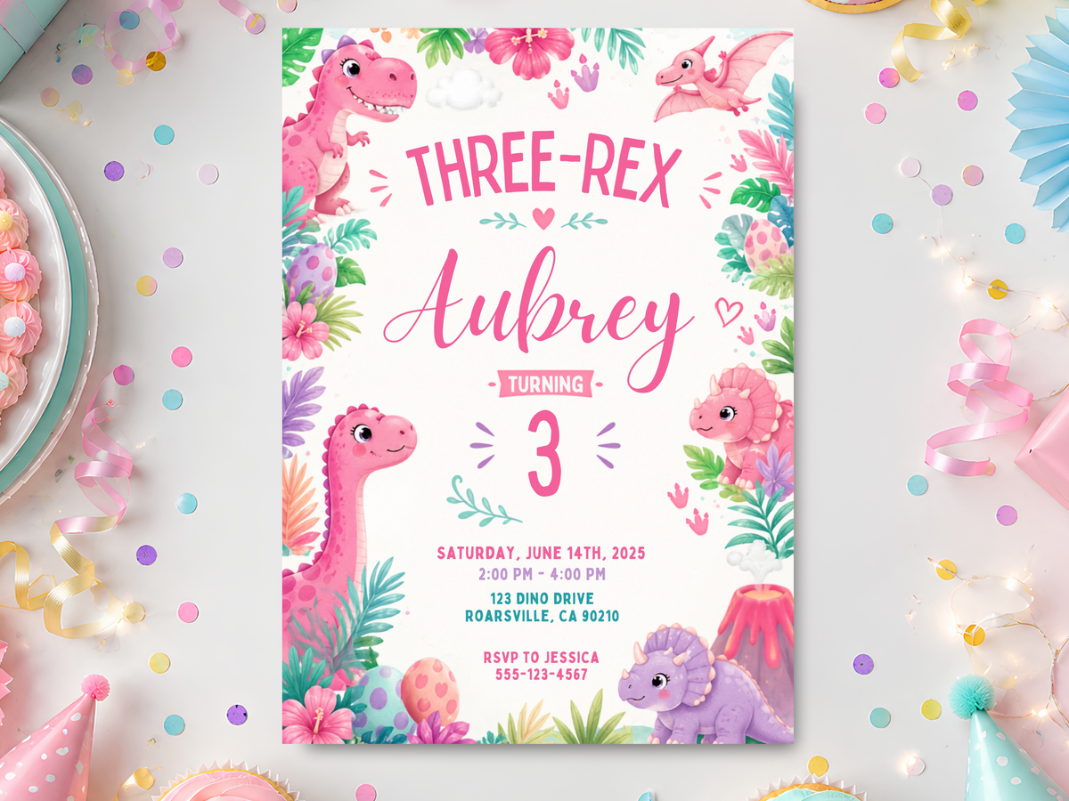 Three-Rex pink dinosaur birthday invitation shown as a full portrait design with friendly pink dinosaurs, tropical leaves, colorful flowers, hearts, and playful typography.