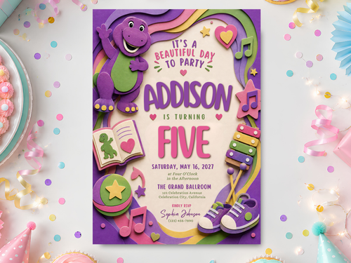 Dinosaur birthday invitation template with a playful purple dinosaur, green belly, musical notes, xylophone, stars and bright pink, purple and green accents.