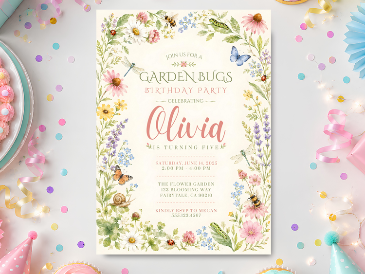 Garden bugs birthday invitation mockup with a soft watercolor floral border, butterflies, bees, greenery and pastel flowers.