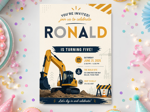 Construction birthday invitation template featuring a bright yellow excavator, navy accents, roadwork graphics, and editable party details.