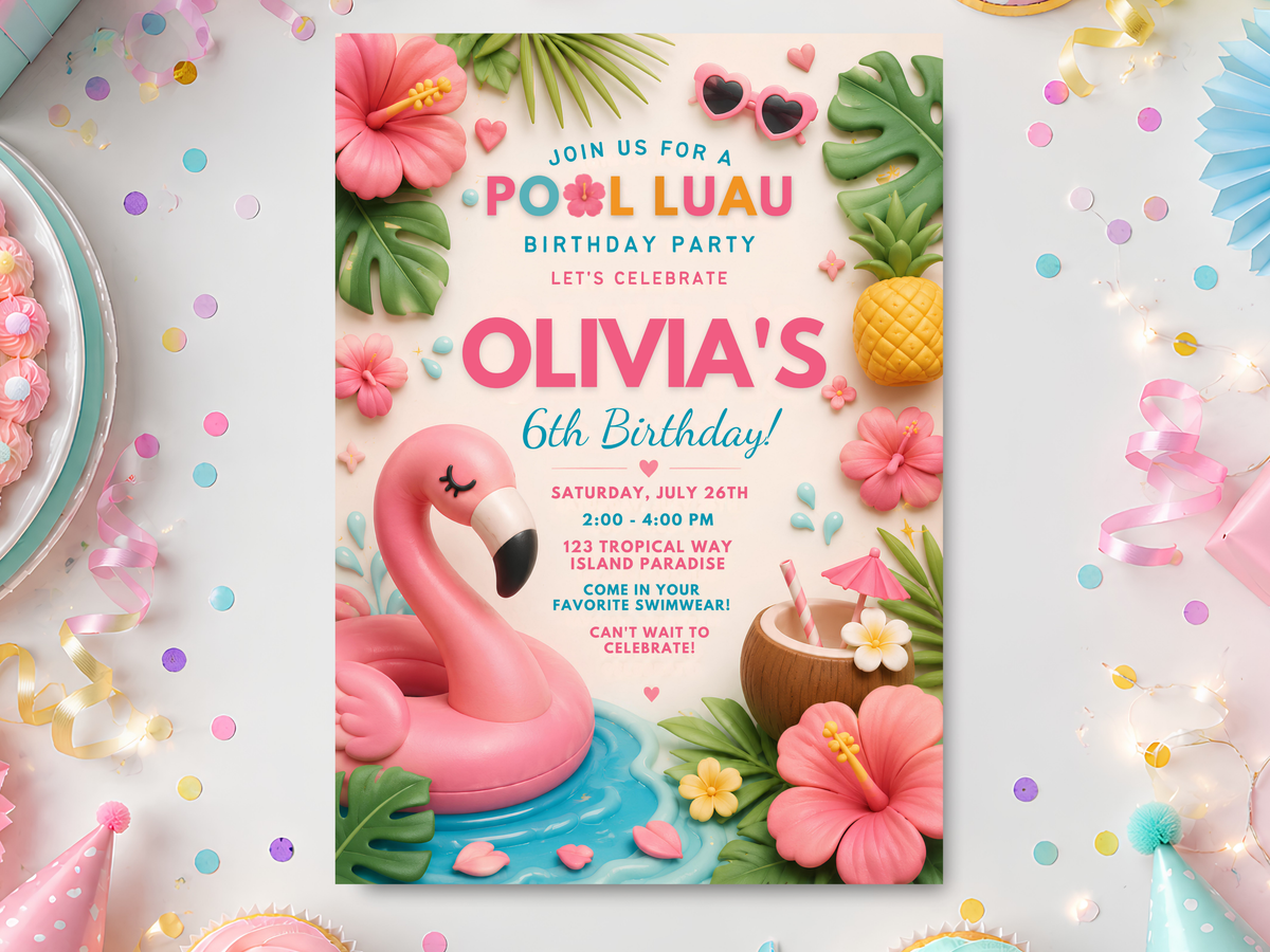 Tropical pool luau birthday invitation template featuring pink flamingo, pineapple, hibiscus flowers, palm leaves and colorful party typography