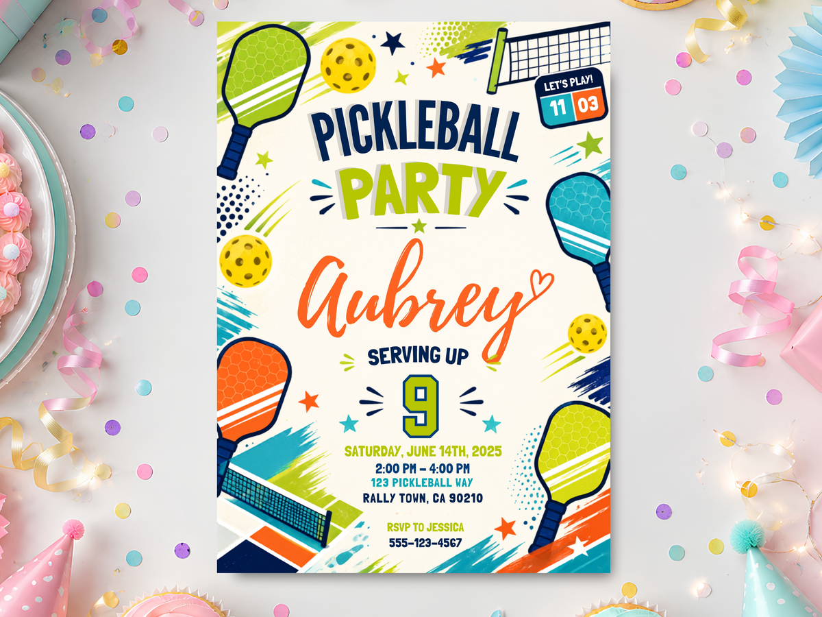 Pickleball birthday invitation template featuring colorful paddles, pickleballs, scoreboard graphics, stars and bold sporty typography.