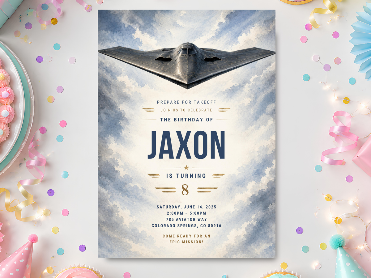 Airplane birthday invitation template featuring a sleek dark jet flying through blue watercolor clouds, with navy typography and gold accents.
