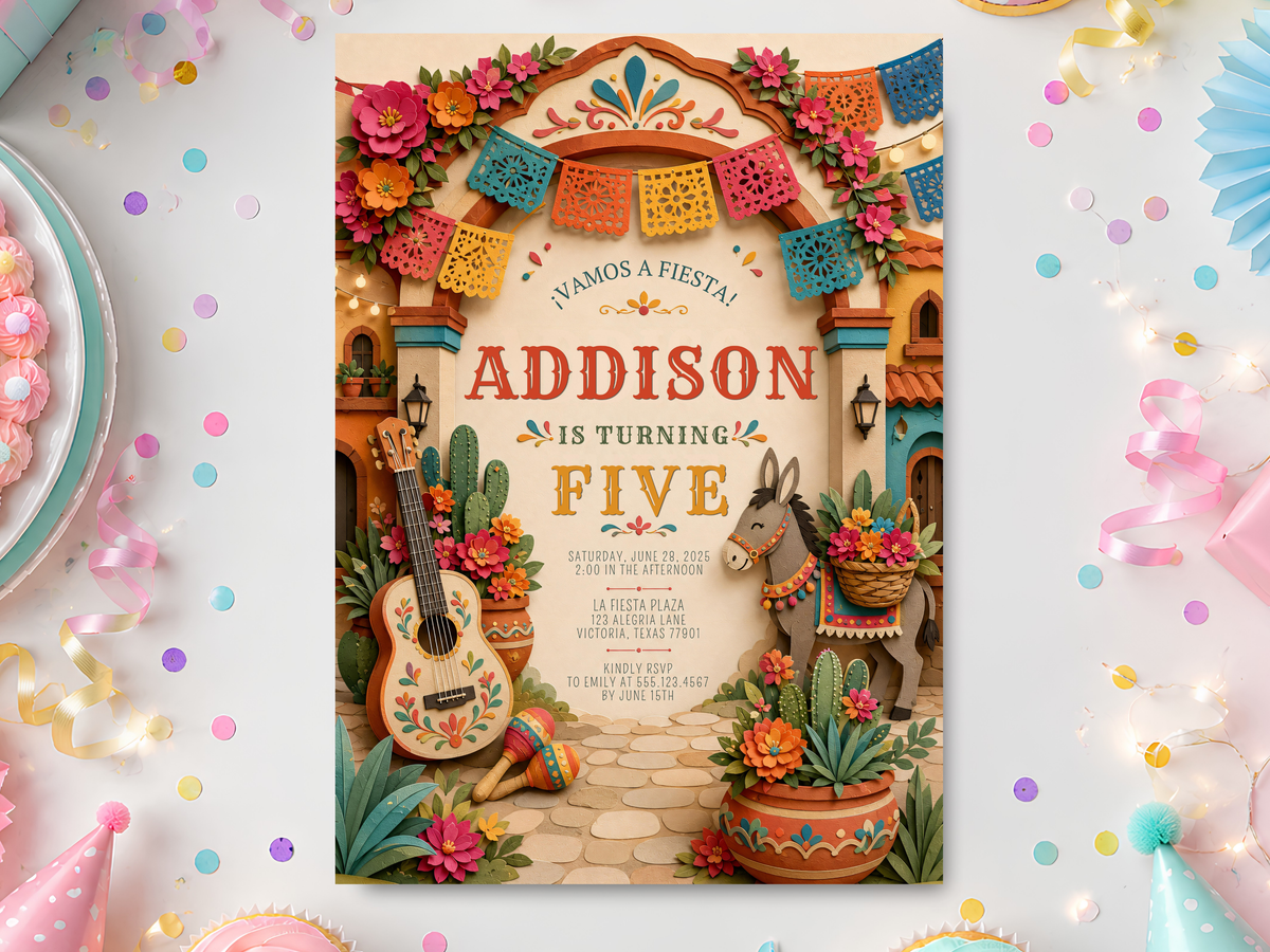 Mexican fiesta birthday invitation template with colorful papel picado, florals, cacti and a festive village illustration