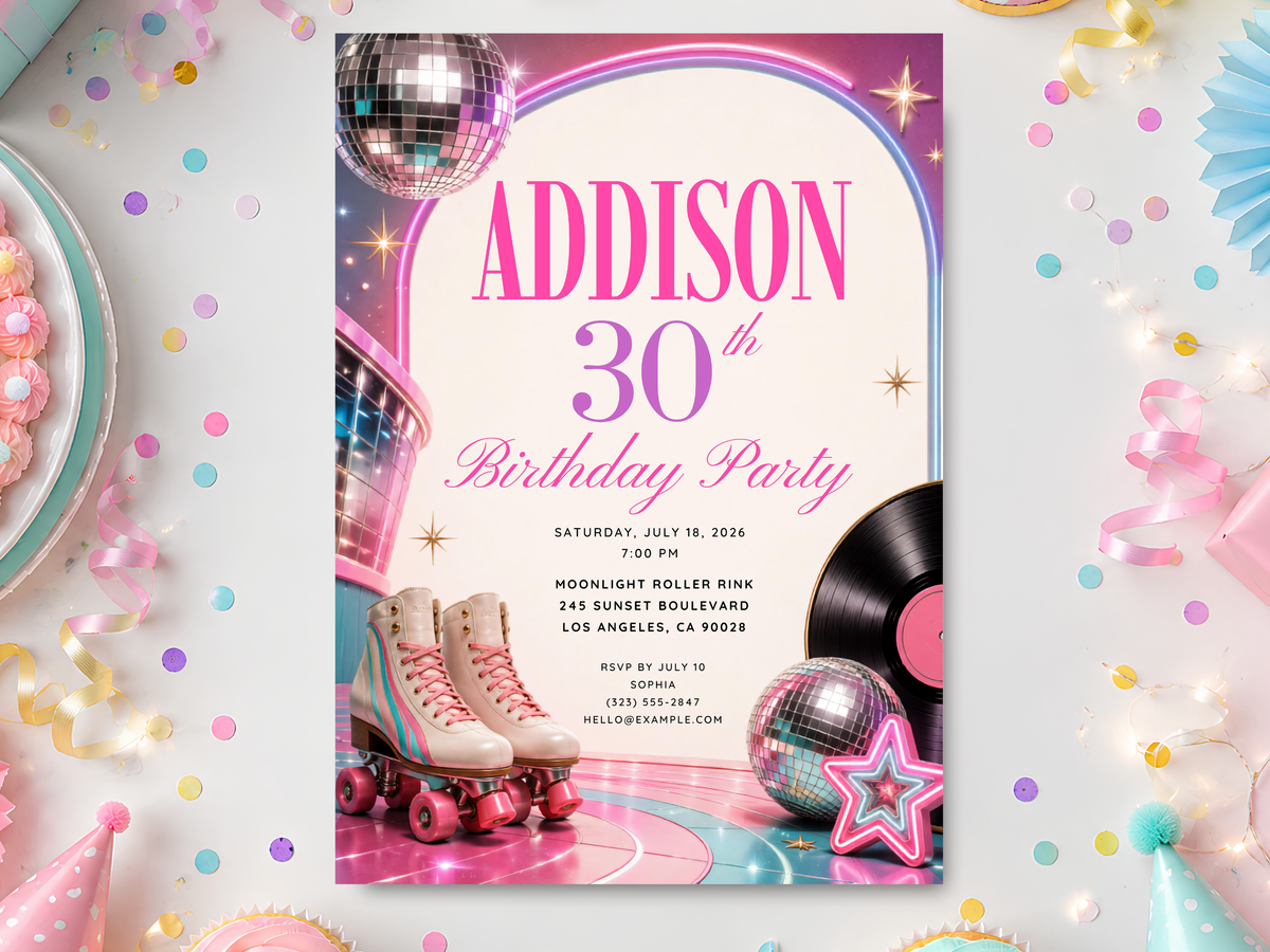 Roller disco birthday invitation template with pink and teal roller skates, mirrored disco balls, vinyl record, neon rainbow and star accents.
