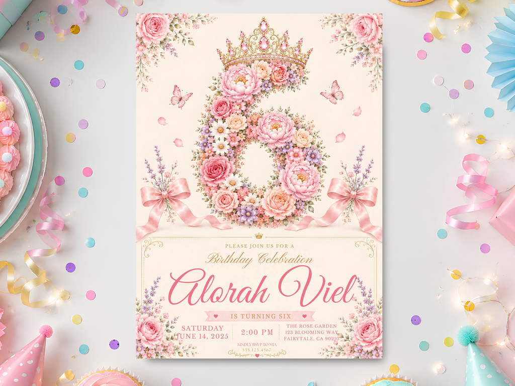Floral princess birthday invitation template with a flower-filled number, jeweled crown, pink roses, white daisies, lavender flowers, butterflies, satin bows, cream background, and elegant script typography.