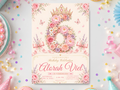 Floral princess birthday invitation template with a flower-filled number, jeweled crown, pink roses, white daisies, lavender flowers, butterflies, satin bows, cream background, and elegant script typography.