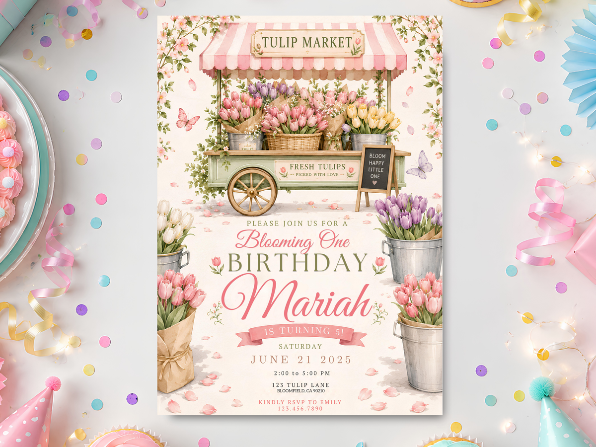 Watercolor tulip birthday invitation product preview with a flower market cart, colorful tulips, butterflies, floral borders, and elegant garden-party typography.