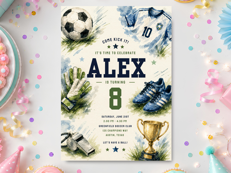 Soccer birthday invitation template product preview with watercolor soccer ball, blue-and-white jersey, cleats, goalkeeper gloves and trophy.