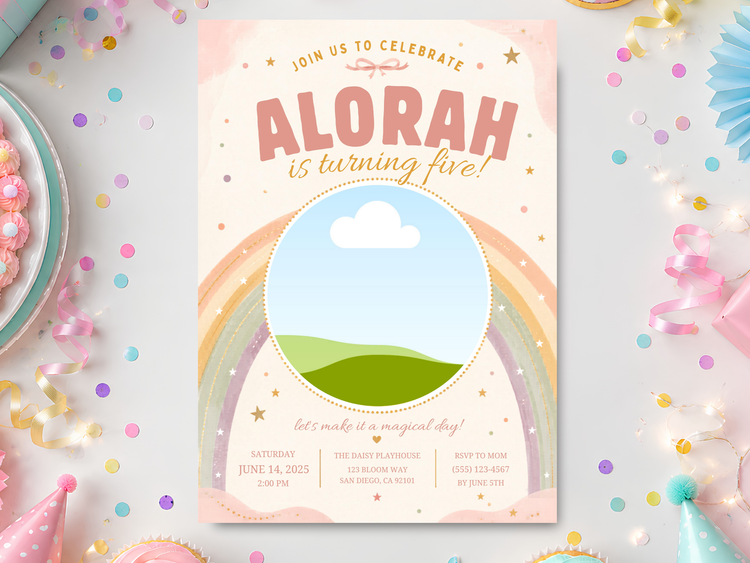 Boho rainbow birthday invitation template with pastel rainbow arches, peach background, clouds, stars, green hills, and editable birthday wording