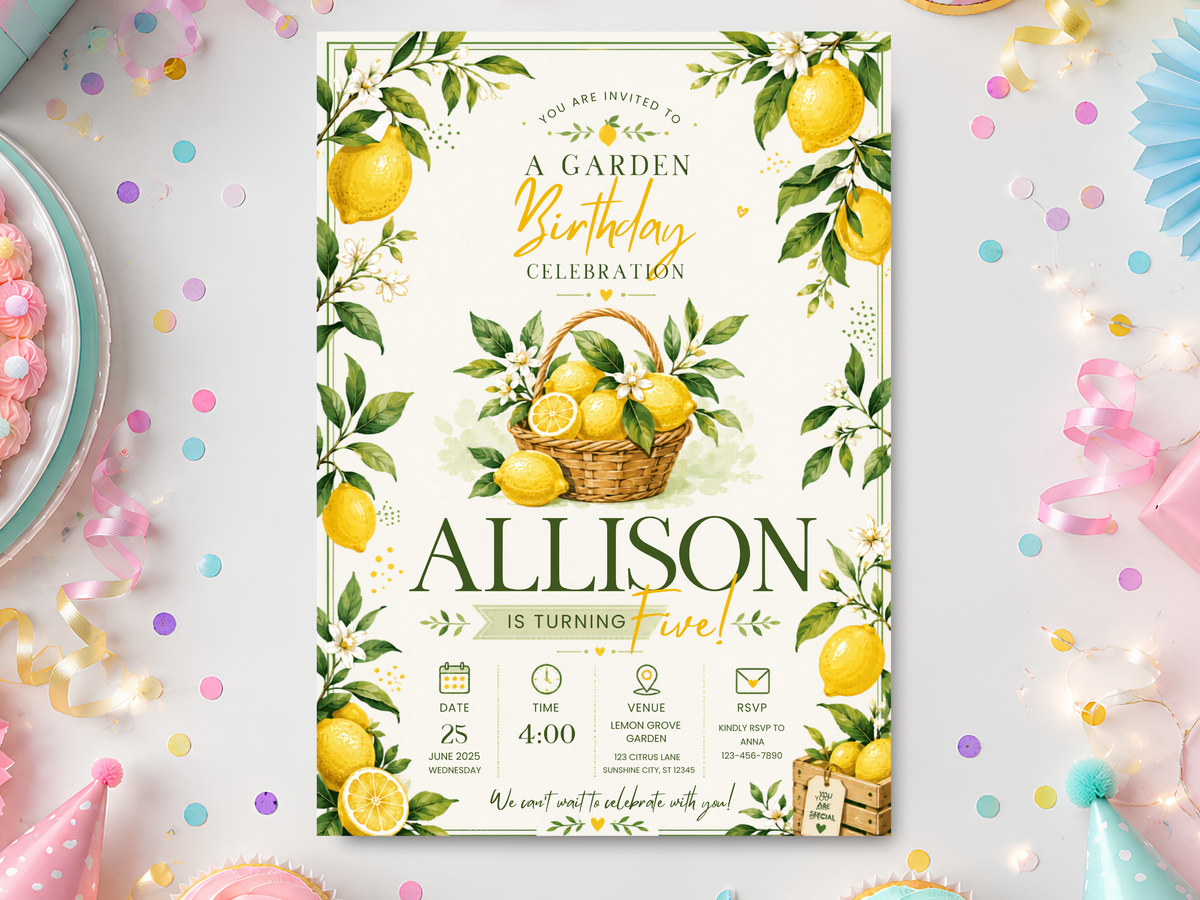 Lemon garden birthday invitation template with watercolor lemons, leafy greenery, white blossoms and a cream botanical card in a bright birthday party setting