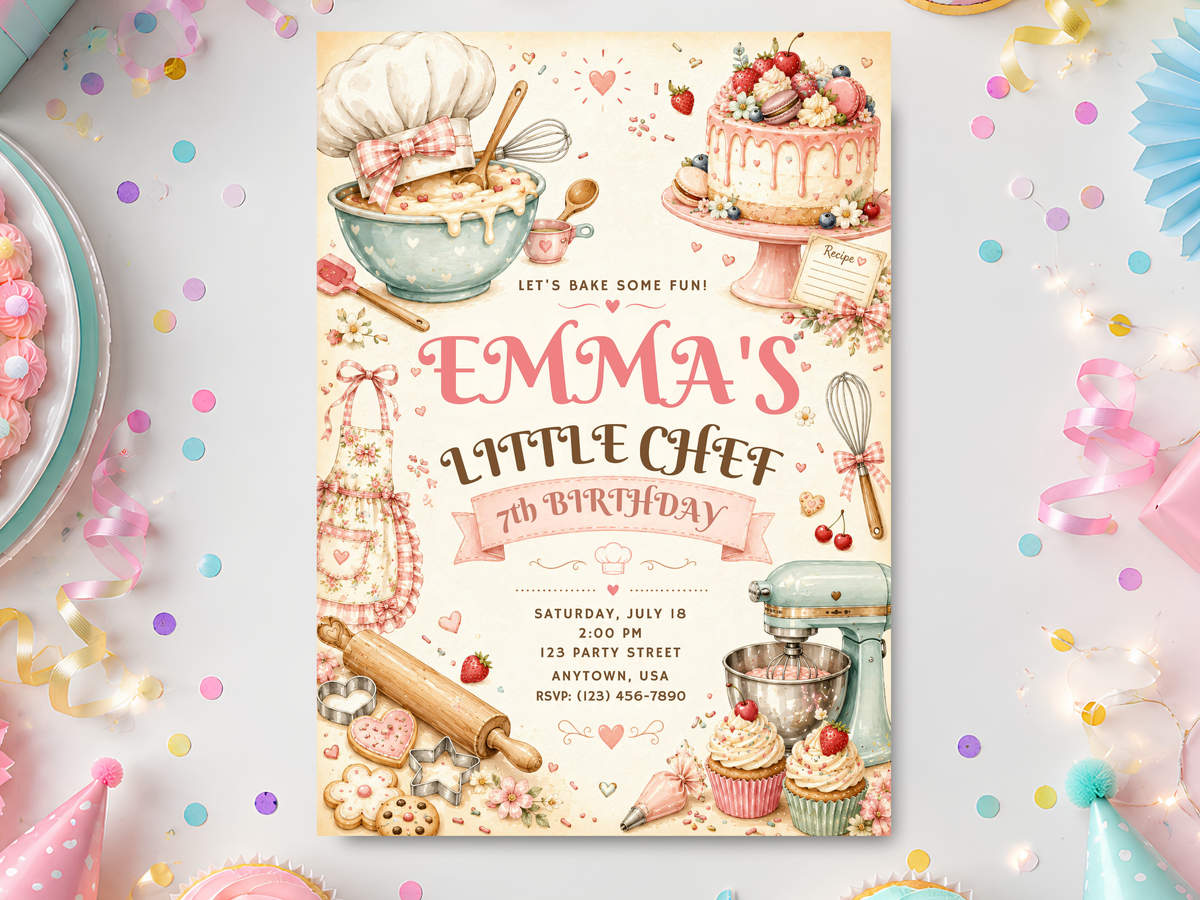 Little Chef watercolor birthday invitation product image with a frosted cake, cupcakes, baking tools, pastel colors, and editable party details.