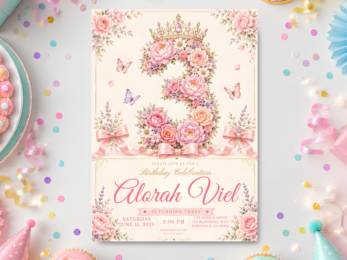 Floral princess birthday invitation template with pink roses, jeweled crown, butterflies, satin bows, and elegant script.
