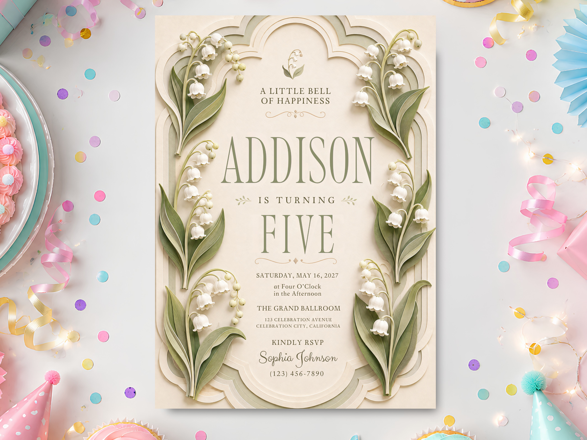 Lily of the Valley birthday invitation template with delicate white flowers, sage green leaves, ivory arch frame, classic serif typography, and pastel party accents.