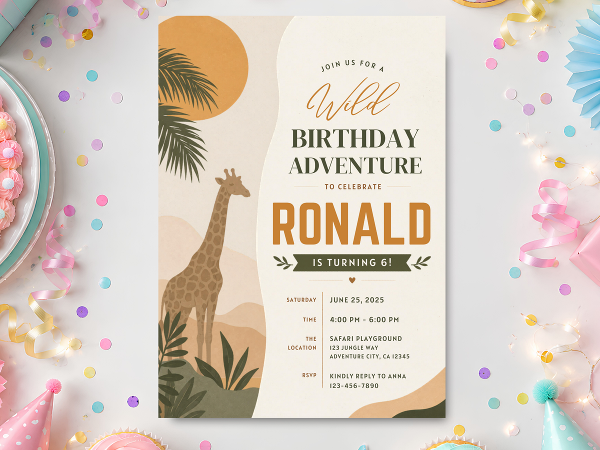 Safari birthday invitation template mockup with giraffe, palm leaves and warm earth tones.