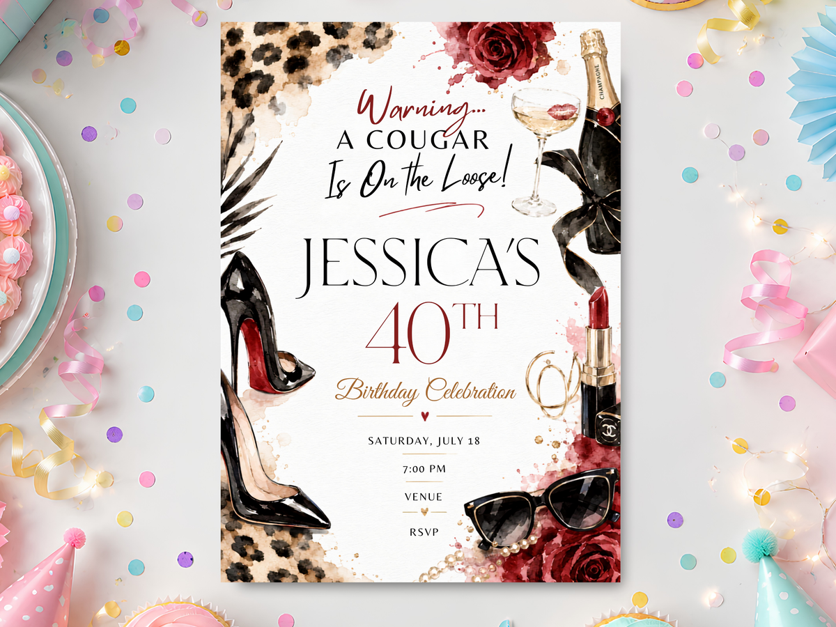 Cougar birthday invitation template in portrait format with black high heels, champagne, wine glass, red roses, lipstick, sunglasses and leopard print accents for a glamorous adult milestone birthday party.