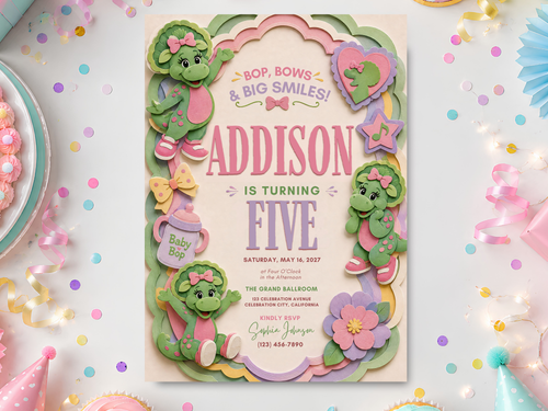 Baby Bop birthday invitation template featuring cheerful green dinosaur characters, pink bows, pastel rainbow arches, flowers, stars, and colorful party details in a playful portrait design.