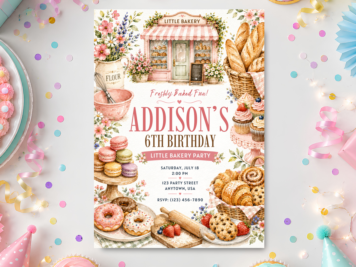 Little bakery birthday invitation template in a vertical watercolor design with a bakery storefront, flowers, pastries, bread and elegant birthday typography.