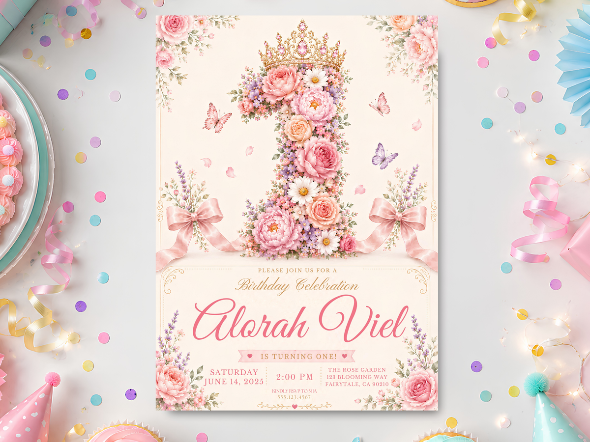 Floral butterfly birthday invitation template featuring a pastel floral crown, pink and lavender flowers, butterflies, bows, and elegant script on a cream background.