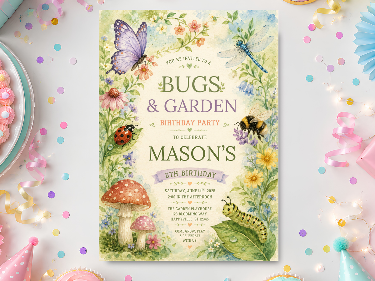 Bugs & Garden watercolor birthday invitation in a festive party table mockup with butterfly, flowers, insects and pastel confetti