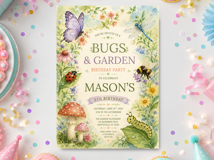 Bugs & Garden watercolor birthday invitation in a festive party table mockup with butterfly, flowers, insects and pastel confetti